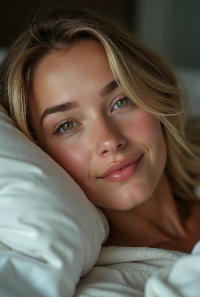 Une jeune et belle femme de 20 ans, sourires séducteurs, coiffure cheveux blonds,Il tombe doucement sur vos épaules en vagues., moyen-élevé, grands yeux verts, à la peau claire, J'étais en pyjama, Elle était au lit, Prenez soin de vos cheveux avant d'aller au lit., L'environnement est éclairé par des lumières chaudes et agréables..,fais briller tes cheveux, Son visage était naturellement serein., lèvres avec rouge à lèvres, Texture 8k, très détaillé, réaliste, lumière douce et cinématographique, HDR, netteté, chef-d'œuvre, Fotor est réaliste, photographie primée, un Canon EOS R5, 35 millimètres