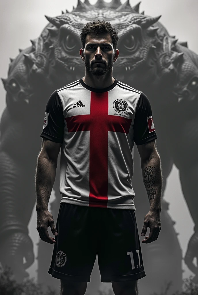 Vasco player, black white clothes, red maltese cross, Lizard Head