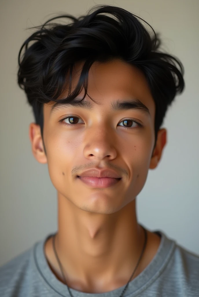 Photo of an 18-year-old man, of American origin, black hair, yeux ronds, peau mate, mignon, without beard, call Benjamin.