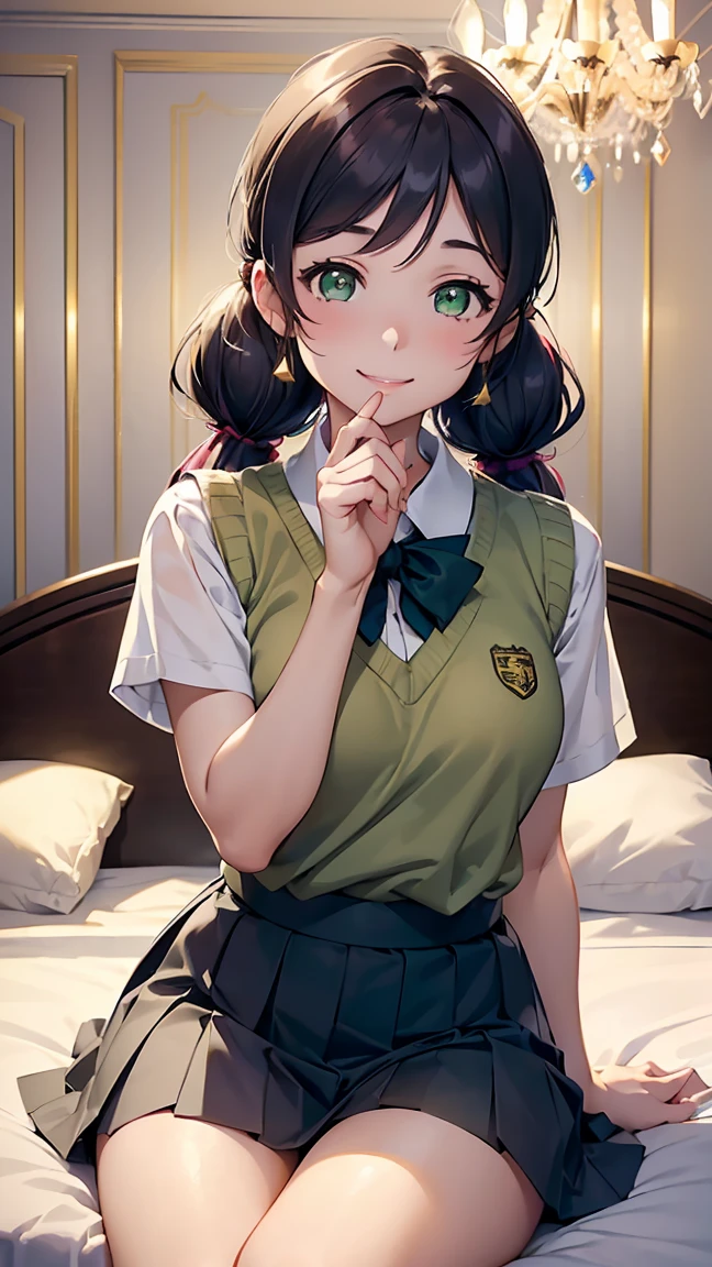 nozomi toujou, (green eyes:1.5), purple hair, twintails, low twintails, scrunchie, long hair,--otonokizaka school uniform, pleated skirt, school uniform, short sleeves, skirt, summer uniform, sweater vest, yellow sweater vest,----(8K, raw, highest quality, real 1.2), ultra high quality, high resolution, highest quality, perfect face, perfect limbs, perfect fingers, high resolution, (beautiful anime face, cute face, detailed face), smile of joy, smiling expression, sitting on bed, cowboy shot, miniature human hand, (((medium bust 1.3))), (((thin thighs 1.3))), ((white walls bedroom 1.5)), ((white framed bed 1.5)), ((white ceiling bedroom 1.5)), ((divine light 1.5)), pure white chalk interior, pure white marble interior, ((Pure white bedroom like a Western castle: 1.5)), ((Luxurious pure white canopy bed: 1.4)), ((Chandelier: 1.4))), ((Pure white bed 1.5)), ((Beautifully decorated bedroom 1.5)), perfect anatomy, perfect proportions, nice lighting, bright colors, clean lines, information, blurred, stunning facial expression, restless emotions, gorgeous and cute, beautiful face and eyes in every detail, (masterpiece) beautiful face, young and handsome girl, really perfect skin, blurred, stunning facial expression, restless emotions, gorgeous and cute, beautiful face and eyes in every detail, (Audrey Hepburn), (cute), (J-POP idol), (thighs, (depth of field), (depth of field), soft light, glittering lens gaze, (droopy eyes), straight teeth, shy smile, flowing hair, a scene from Blake's movie,