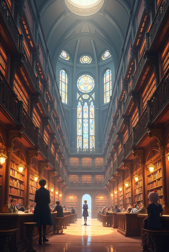 Library with a large space, in anime style
