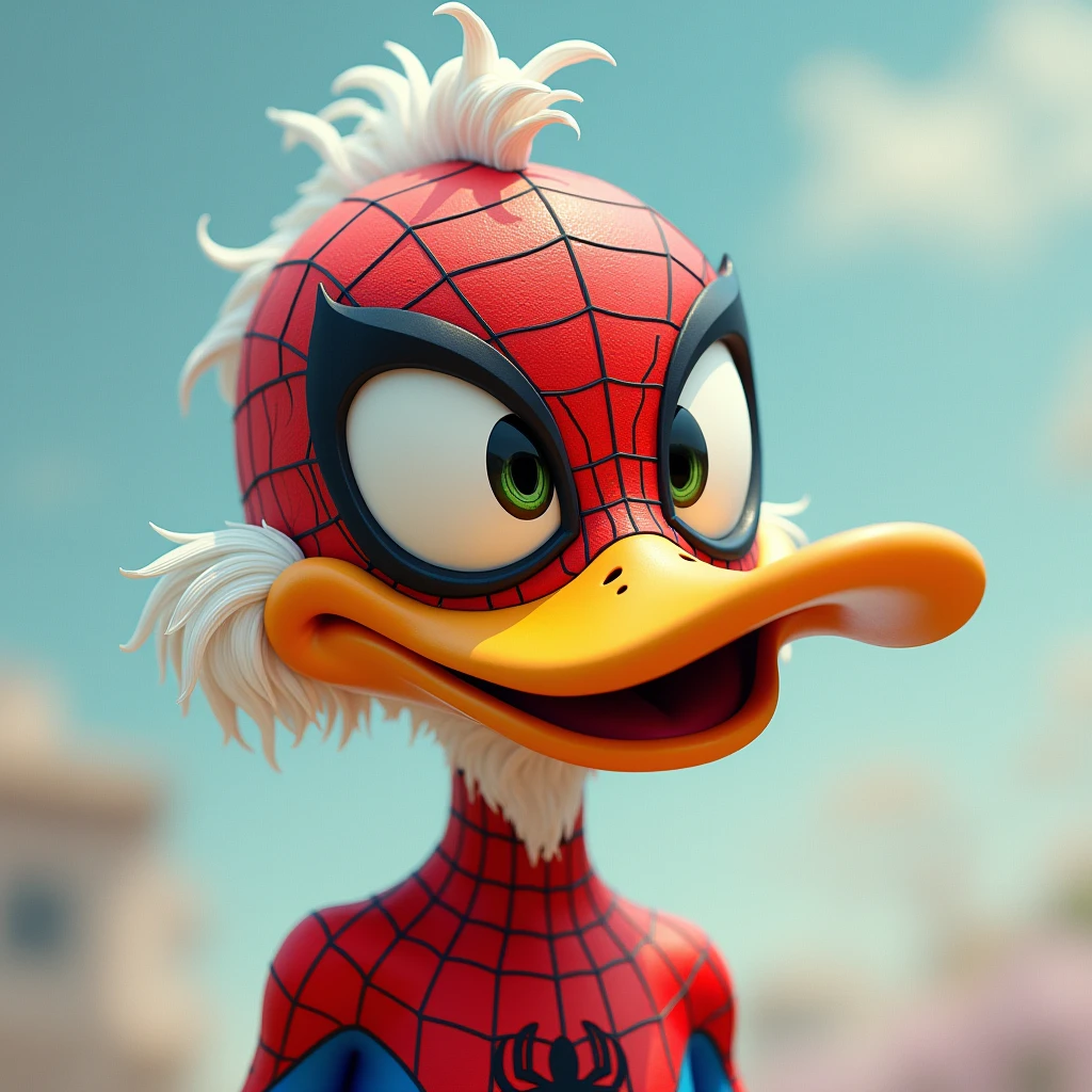 a whimsical caricature of an anthropomorphic “Daffy-Duck” wearing a Spiderman-mask, soft pastel colors, ethereal punk atmosphere, ((Looney_Tunes art-style)), cartoon character, digital art, character design, hyperrealistic, detailed portrait, highly detailed, 4k, 8k, photorealistic, masterpiece, best quality, enhanced_nijistyle