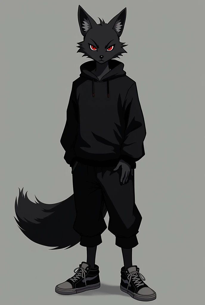 1guy, anime, black small male emotionless fox, below-average, furry, anthropomorphic, dark red eyes, handsome guy, with black sweater and long pants, sneackers, standing