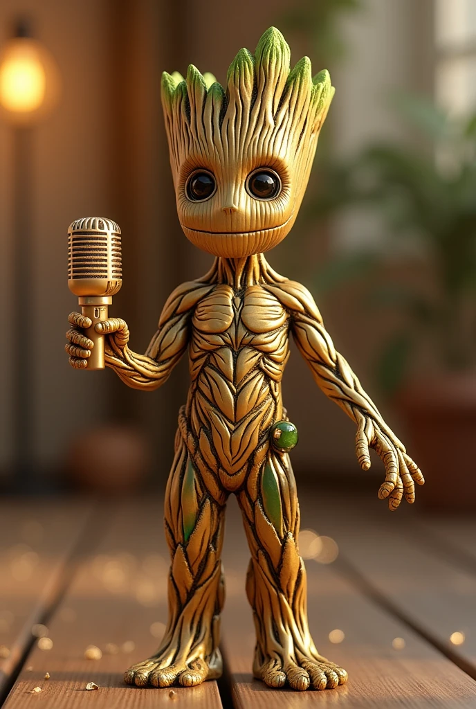 Gold Groot holding a mic jewelery product 