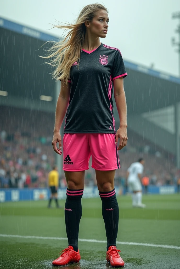 Beautiful women soccer in adidas uniform shorts pink adidas, black socks with shinguards, red soccer shoes adidas, ultra realistic in 8k, rainy, big, log hair blond