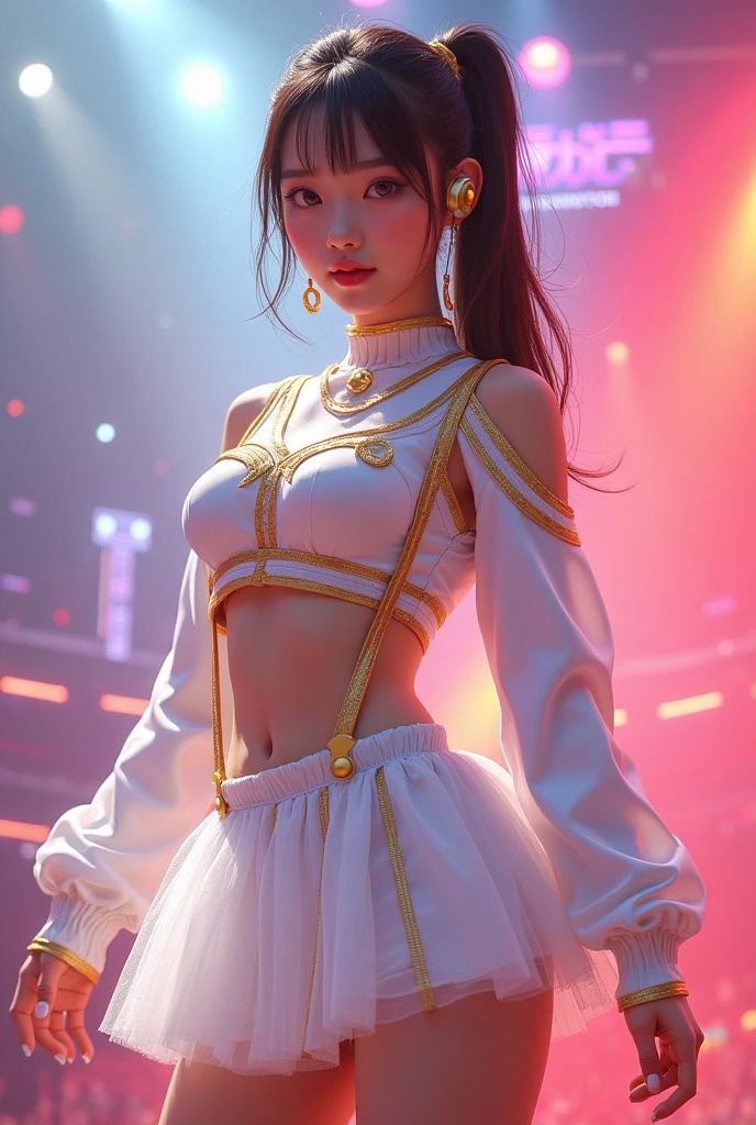 Cheerleader wearing a long-sleeved white cropped top with gold details and a short white tulle skirt with tights and boots. Gold suspenders. earphone. k pop style