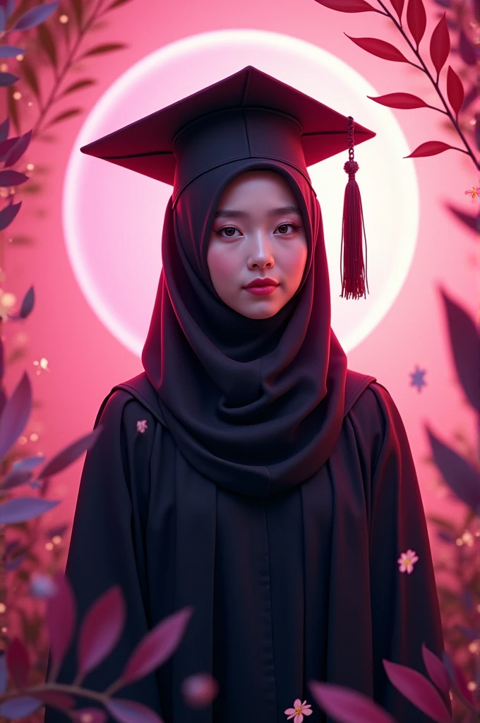 A , wearing hijab, wearing black graduation hat, in black graduation gown, pink theme background, kawai theme background, leaf effect background, dramatic effect lighting, cute design, neon effect lighting