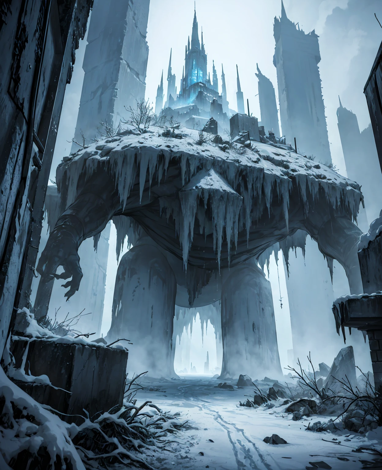 a frozen, ice-covered post-apocalyptic city, massive stalactites and stalagmites, abandoned ruins, eerie and ominous atmosphere, monstrous creatures lurking in the shadows, highly detailed, cinematic lighting, moody color palette, hyper-realistic, 8K, award-winning concept art