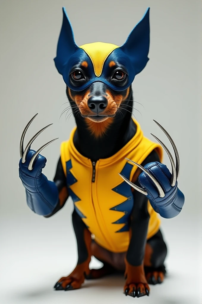 Black haired dachshund wearing Wolverine's costume