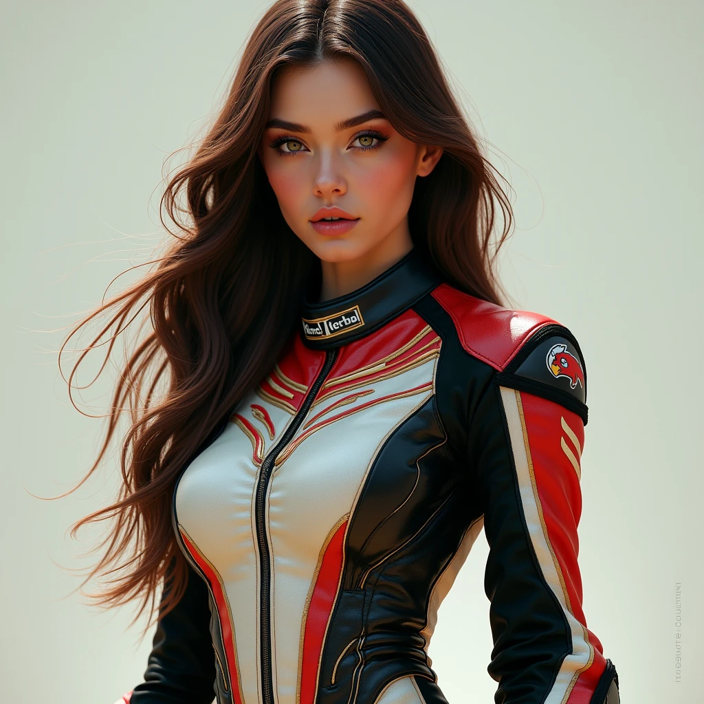 beautiful , 25 year old, American woman, motorcycle racing outfit, Daredevils, realistic, 8k, koda photo, photo realistic, slim body, fit, pelo largo castaño, pechos talla 100