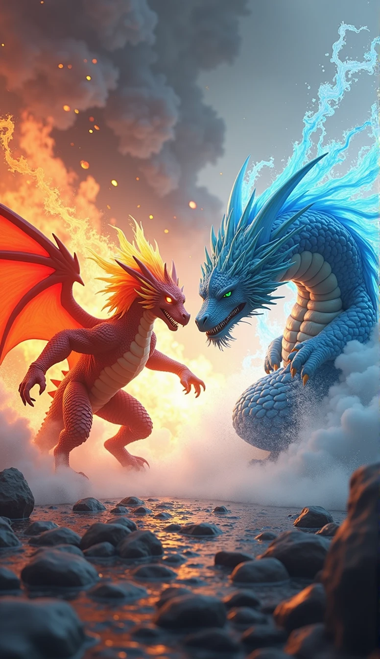 Create a 3D stylized fighting scene featuring Ignis, the fiery Dragon from the SOLMON series, battling against a massive Water Dragon. Ignis should be depicted in a dynamic, attack-oriented pose, with flames erupting from its body, fur glowing with intense heat, and fiery embers swirling around. The Water Dragon, a serpentine creature with scales shimmering in shades of blue and teal, should be shown in a defensive stance, its body coiling with powerful water currents that clash against Ignis's flames. The background should feature a dramatic elemental contrast, with one side engulfed in roaring flames and the other side swirling with powerful waves, creating a visually striking scene of elemental forces in conflict. The environment should enhance the tension, with steam and mist rising where fire meets water, and debris scattered from the intense battle. The overall composition should capture the intensity and power of the clash, with a focus on the fierce determination in Ignis's eyes and the unyielding strength of the Water Dragon.