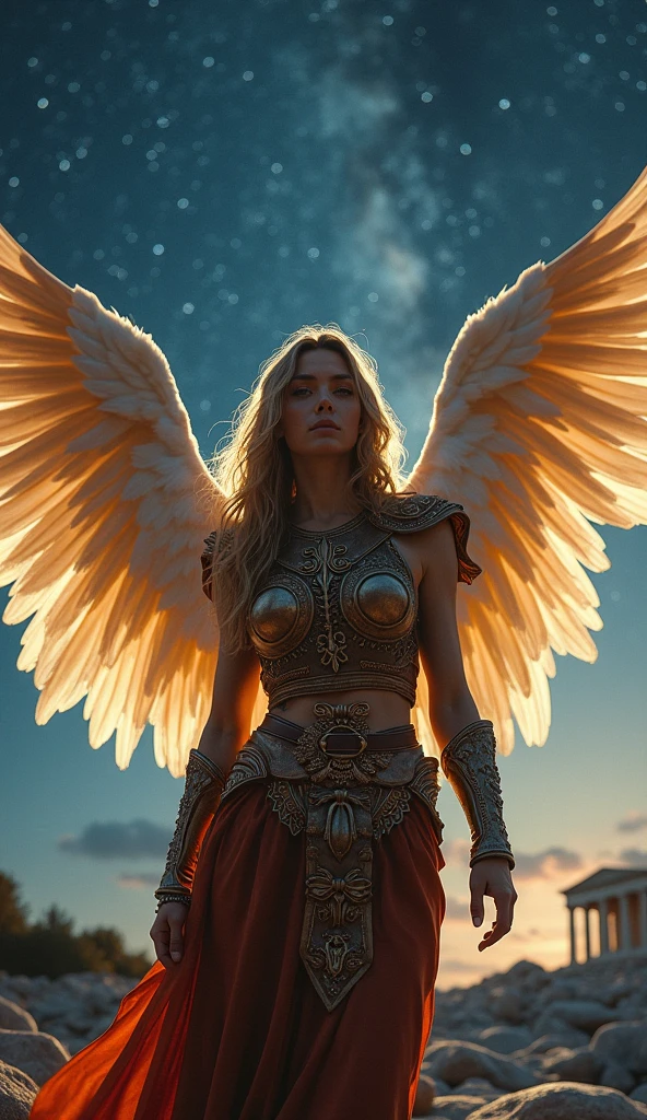 A very beautiful angel wearing ancient Roman leather armor, Starry Sky, With the Parthenon in the background, Cinematic lighting