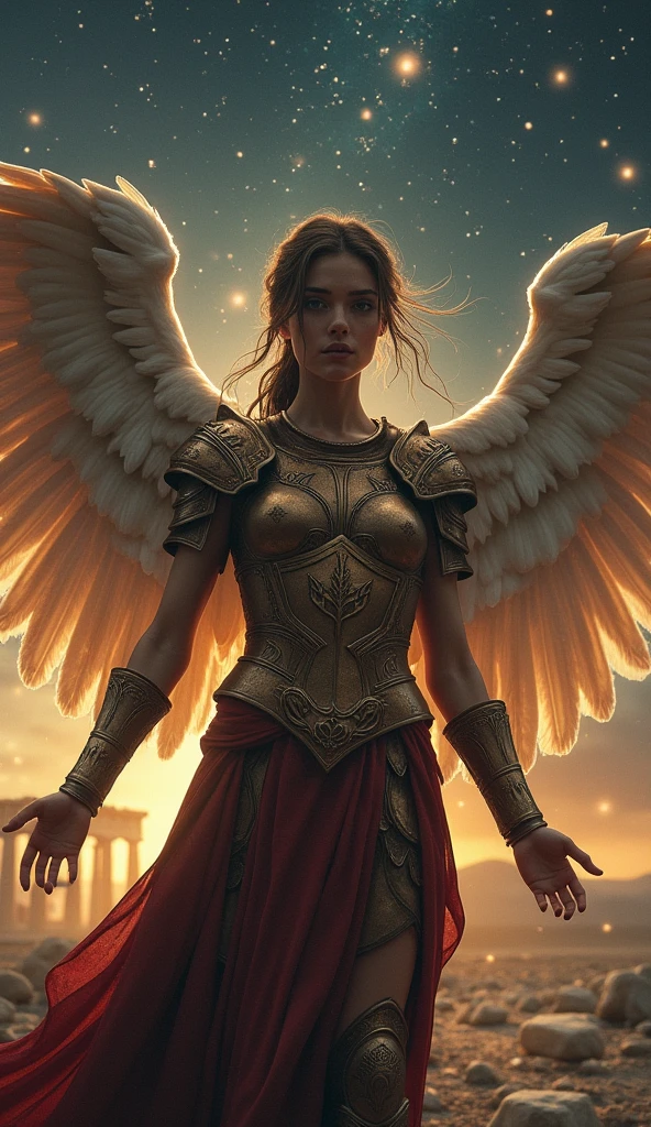 A very beautiful angel wearing ancient Roman leather armor, Starry Sky, With the Parthenon in the background, Cinematic lighting