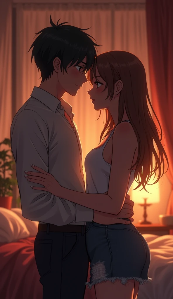 Create an anime-style image featuring a 21-year-old boy and girl in a dimly lit, intimate room with a sultry atmosphere. The boy has a confident, teasing smile, pulling the girl closer by her waist, his hand resting on the small of her back. The girl, blushing deeply, holds onto her slightly disheveled outfit, her expression a mix of shyness and desire. The room is bathed in a warm, golden light that casts soft, inviting shadows, highlighting their bodies and the tension between them. Hints of luxurious fabrics, such as silk sheets and velvet curtains, add to the seductive, intimate setting, creating a scene filled with palpable attraction and desire.