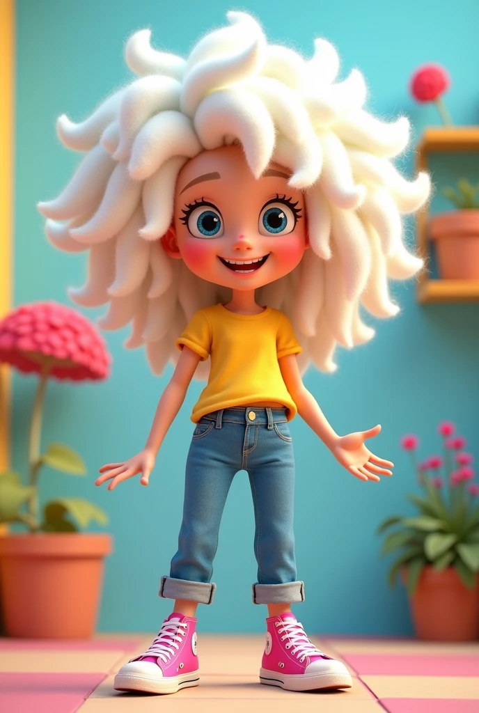 Cartoon character with fun, white curly hair, long hair, yellow shirt, blue jeans, pink All Stars.
