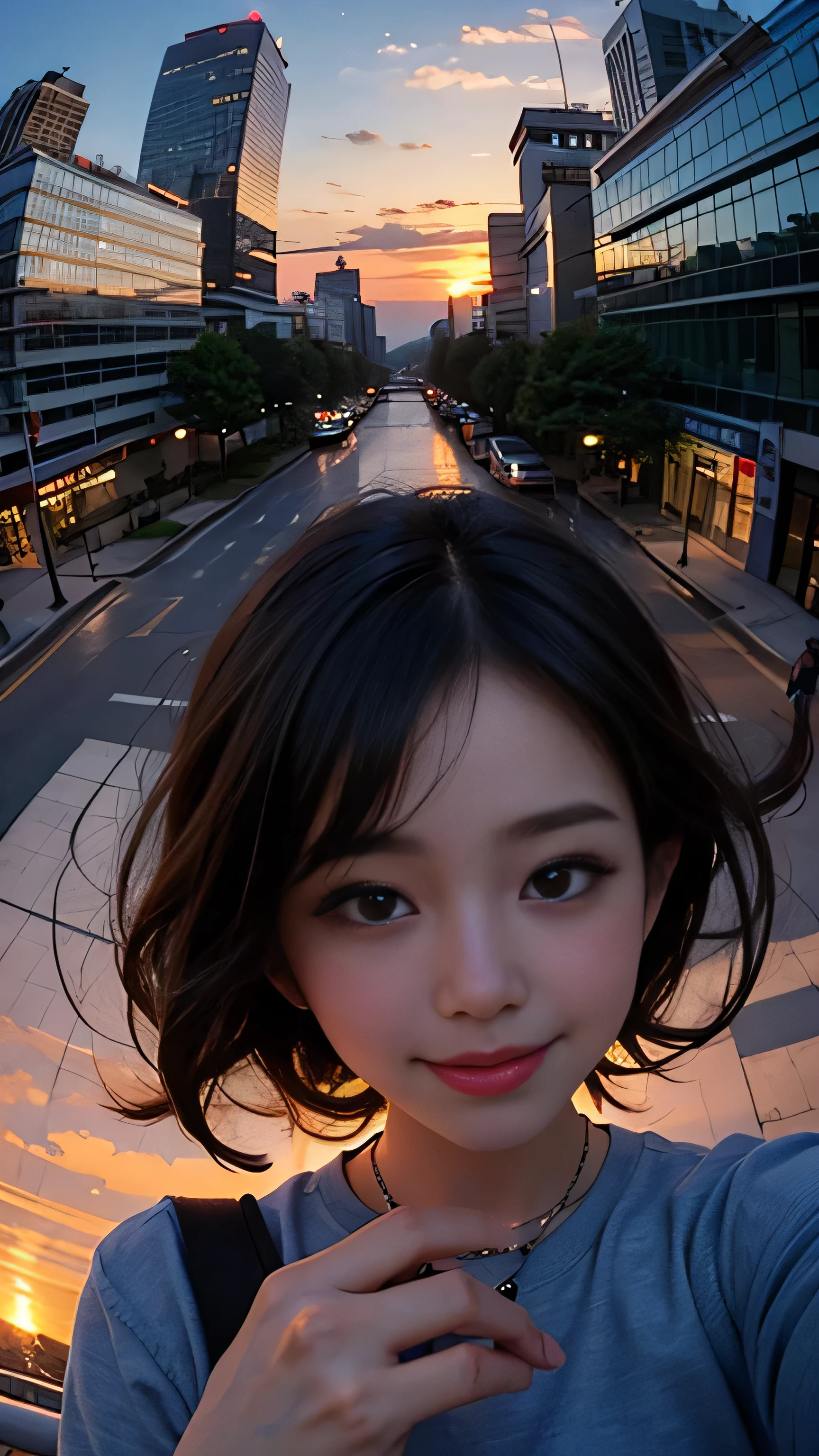 One girl, Korean, Fisheye Lens, Selfie, Wind, Messy Hair, sunset, Cityscape, (Aesthetics and atmosphere:1.2),smile