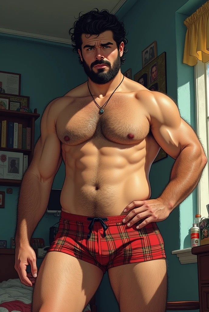 An illustrated movie poster, hand-drawn, full color, a male slacker, 21 years-old, resembles Dean Cain, wearing plaid boxers, fair skin, stocky physique, broad frame, deep brown eyes, wide bulbous nose, black hair, curly quiff, thick bushy eyebrows, extremely hairy chest, stomach, and arms, lots of body hair, posing in a messy bedroom, hard shadows, graphite shading, stencil markings, airbrushed acrylic paint, masterpiece