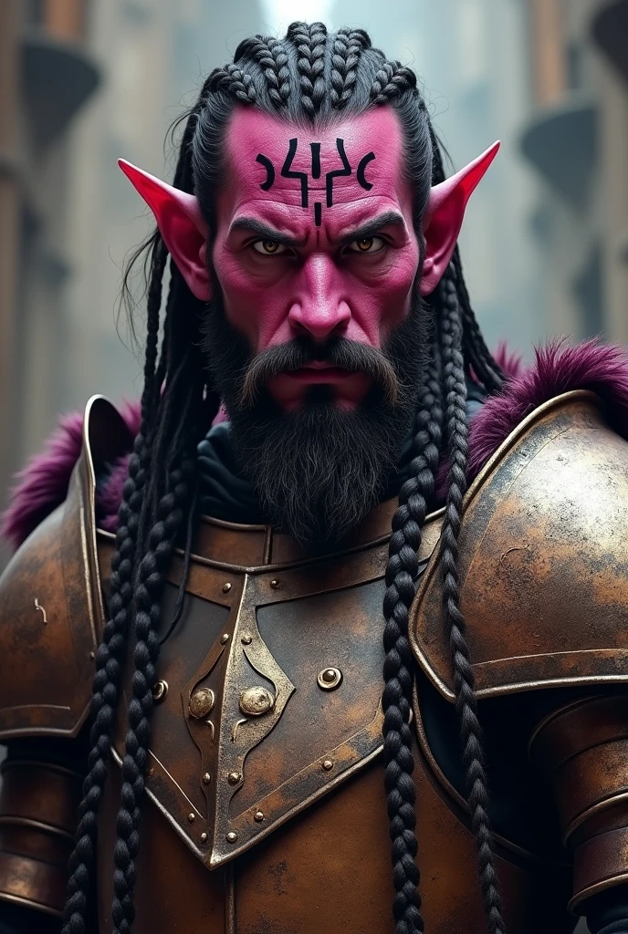 A strong male tiefling. with brown eyes. Long dark brown hair in braids and a short beard. Magenta-skinned Tom. infernal numbers on the head. Warrior armor made of metal plate.