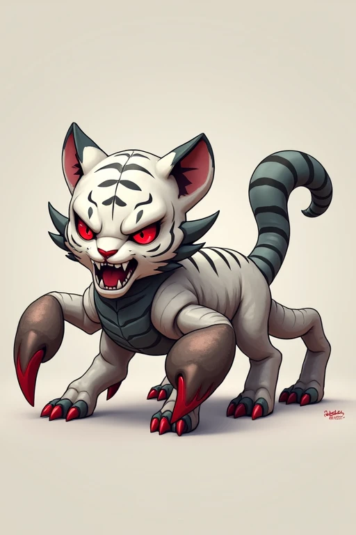A small Chibi baby humaniod creature.
 Appearance: a hybrid creature,  half saber tooth tiger half scorpion .
The creature is mostly tiger but had scorpion like tail and claws.
The creature has a scorpion exoskeleton that covers the chest claws and tail.
The creature looks very menacing.
 Style : cel shaded , 3d , anime, Full-body,  t pose.
Colors: white , lite gray and dark gray , blood red

This is a digimon 