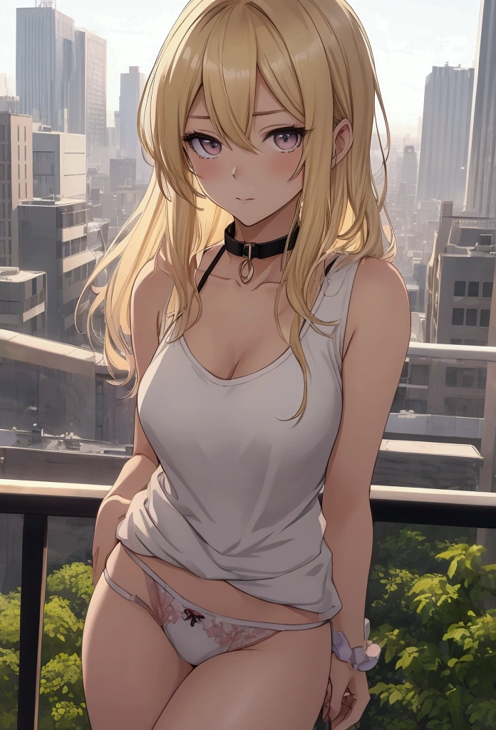 A stunning manga illustration of a blonde-haired female character wearing a short tank top and a pair of tight, revealing panties. She has a small, choker-like collar around her neck, accentuating her youthful appearance. The background is a mix of cityscape and nature, with a city skyline visible behind her. There's a sense of calm and serenity in the scene, with soft pastel colors and a gentle breeze rustling through the trees.