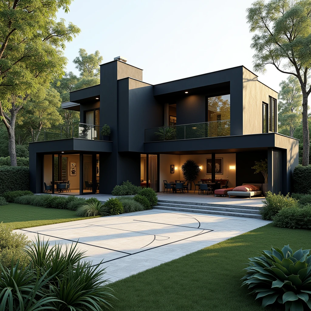 Create a beautiful villa for me where it is beautifully black with a beautiful garden and a basketball court 