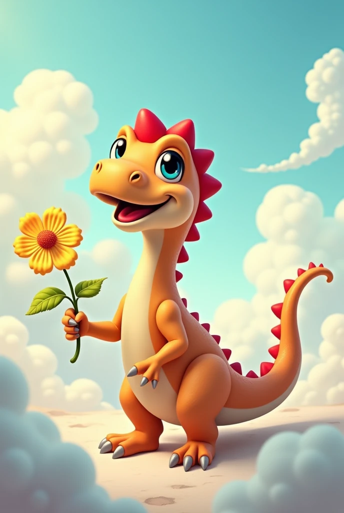 A beautiful photo of a cartoon dinosaur with a suntan flower in her hand, her lips are red, and her post is made of beautiful white clouds.