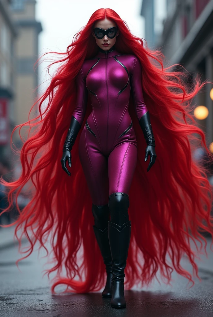 Beautiful woman with abundant, extremely long, six-foot-long, prehensile red hair, fuchsia jumpsuit, black gloves and knee-high boots, black eye mask, Marvel universe.