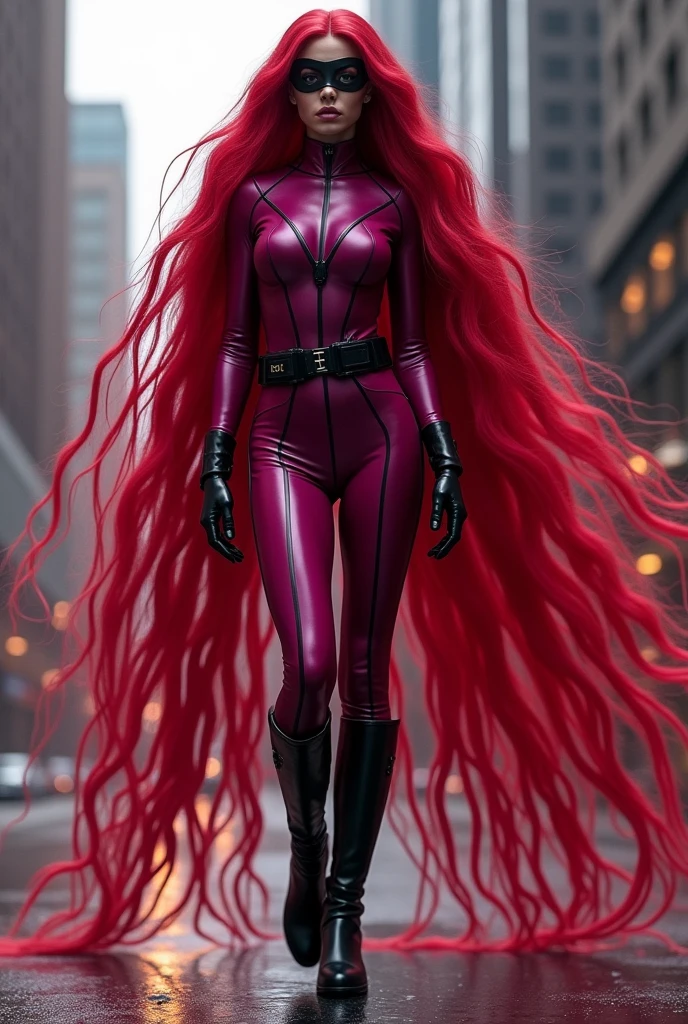 Beautiful woman with abundant, extremely long, six-foot-long, prehensile red hair, fuchsia jumpsuit, black gloves and knee-high boots, black eye mask, Marvel universe.