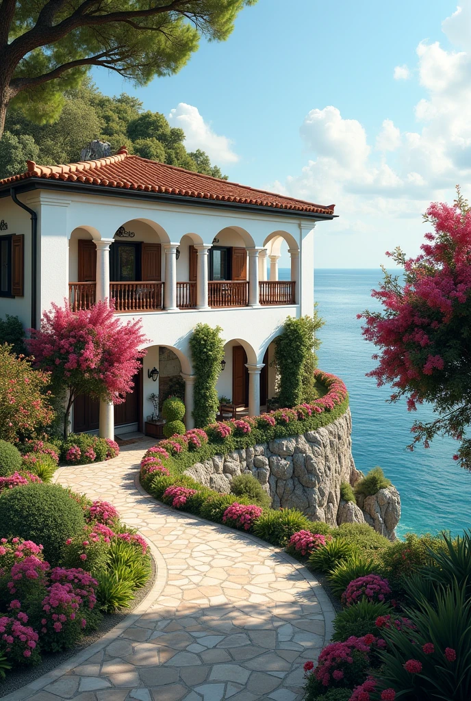 I need an image of a large, rustic, white, one-story mansion with a Mediterranean-style roof on a cliff overlooking the sea, with lush trees and a garden with exotic flowers and a well-trimmed lawn., that it has bougainvillea on the walls and that they are of different colors, that it has colonial doors, colonial windows and arches between its pillars