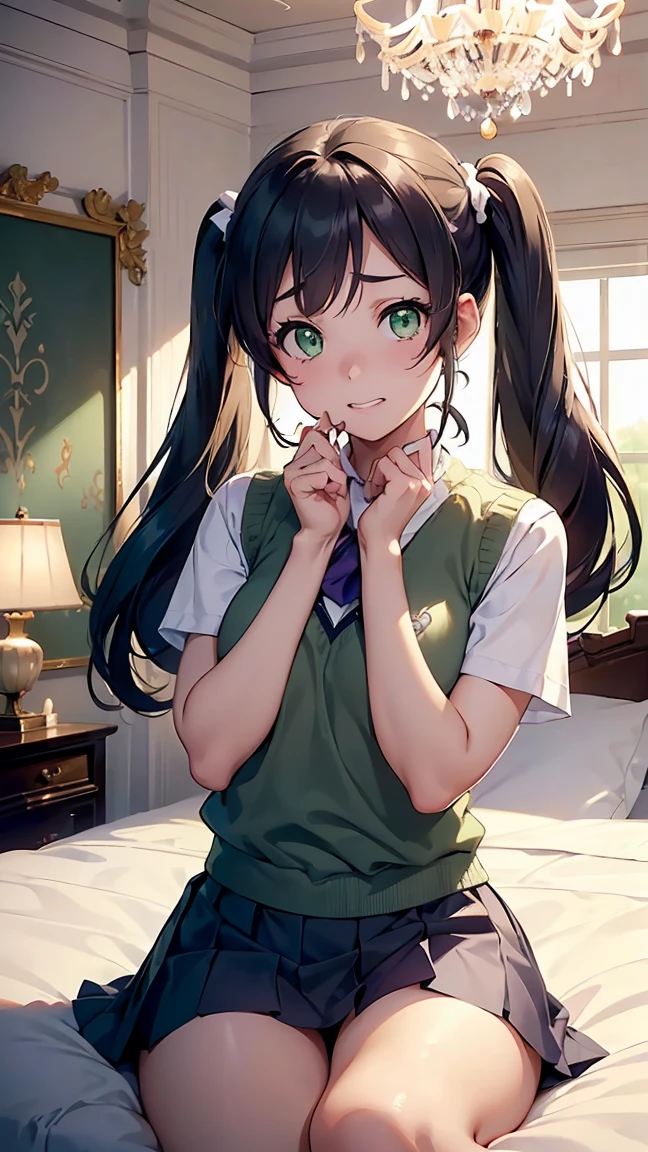 nozomi toujou, (green eyes:1.5), purple hair, twintails, low twintails, scrunchie, long hair,--otonokizaka school uniform, pleated skirt, school uniform, short sleeves, skirt, summer uniform, sweater vest, yellow sweater vest,---- (8K, Raw, Best quality, Real 1.2), Ultra high quality, High resolution, Best quality, Perfect face, Perfect limbs, Perfect fingers, High resolution, (Beautiful anime face, Cute face, detailed face), (bewildered: 1.3), (embarrassed: 1.3), (slightly surprised expression: 1.3), sitting on bed, cowboy shot, miniature human hand, (((medium bust 1.3))), (((thin thighs 1.3))), ((white walled bedroom 1.5)), ((white framed bed 1.5)), ((white ceilinged bedroom 1.5)), ((divine light 1.5)), pure white chalk interior, pure white marble interior, ((pure white bedroom like a western castle: 1.5)), ((Luxurious pure white canopy bed: 1.4)), ((Chandelier: 1.4))), ((Pure white bed 1.5)), ((Beautifully decorated bedroom 1.5)), Perfect anatomy, Perfect proportions, Nice lighting, Bright colors, Clean lines, Information, Blurred, Stunning facial expression, Restless emotions, Gorgeous and cute, Beautiful face and eyes in every detail, (Masterpiece) Beautiful face, Young and handsome girl, Really perfect skin, Blurred, Stunning facial expression, Restless emotions, Gorgeous and cute, Beautiful face and eyes in every detail, (Audrey Hepburn), (Cute), (J-POP idol), (Thighs, (Depth of field), (Depth of field), Soft light, Sparkling lens gaze, (Droopy eyes), Straight teeth, Shy smile, Flowing hair, A scene from Blake's movie,