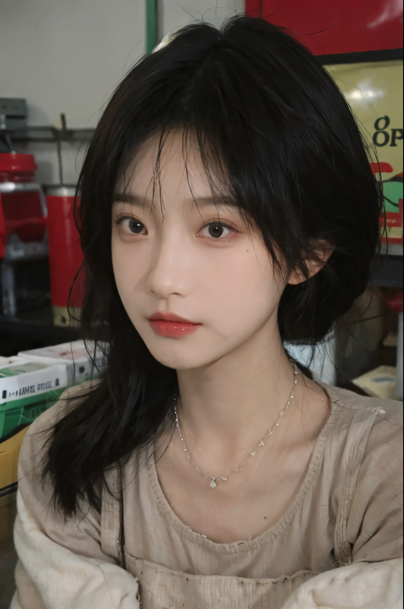 Best quality,Ultra-high resolution,(Realism:1.4),Cute hairpins,girll,Cropped black sweater,Look directly at the audience,Full of atmosphere,Beautiful woman with a slim figure:1.4,supermarket,Super delicate face,Exquisite eyes,Double eyelids,necklace