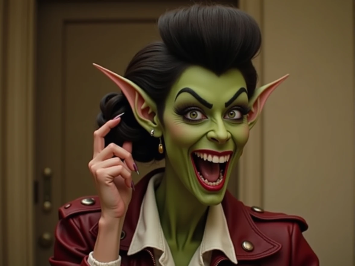 Beautiful evil goblin, bright green skin tone, long pointy goblin ears, big wide evil eyes, thick black eyeliner, short hair bun, big evil smile, perfect teeth, evil laugh, red leather jacket, white collared button blouse, feeling the back of her hairbun with her hand, realistic, hd, 