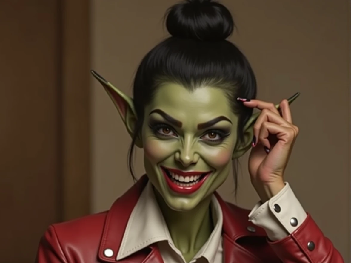 Beautiful evil goblin, bright green skin tone, long pointy goblin ears, big wide evil eyes, thick black eyeliner, short hair bun, big evil smile, perfect teeth, evil laugh, red leather jacket, white collared button blouse, feeling the back of her hairbun with her hand, realistic, hd,