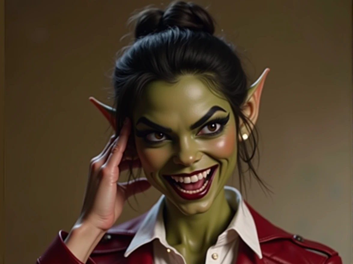 Beautiful evil goblin, bright green skin tone, long pointy goblin ears, big wide evil eyes, thick black eyeliner, short hair bun, big evil smile, perfect teeth, evil laugh, red leather jacket, white collared button blouse, feeling the back of her hairbun with her hand, realistic, hd, 