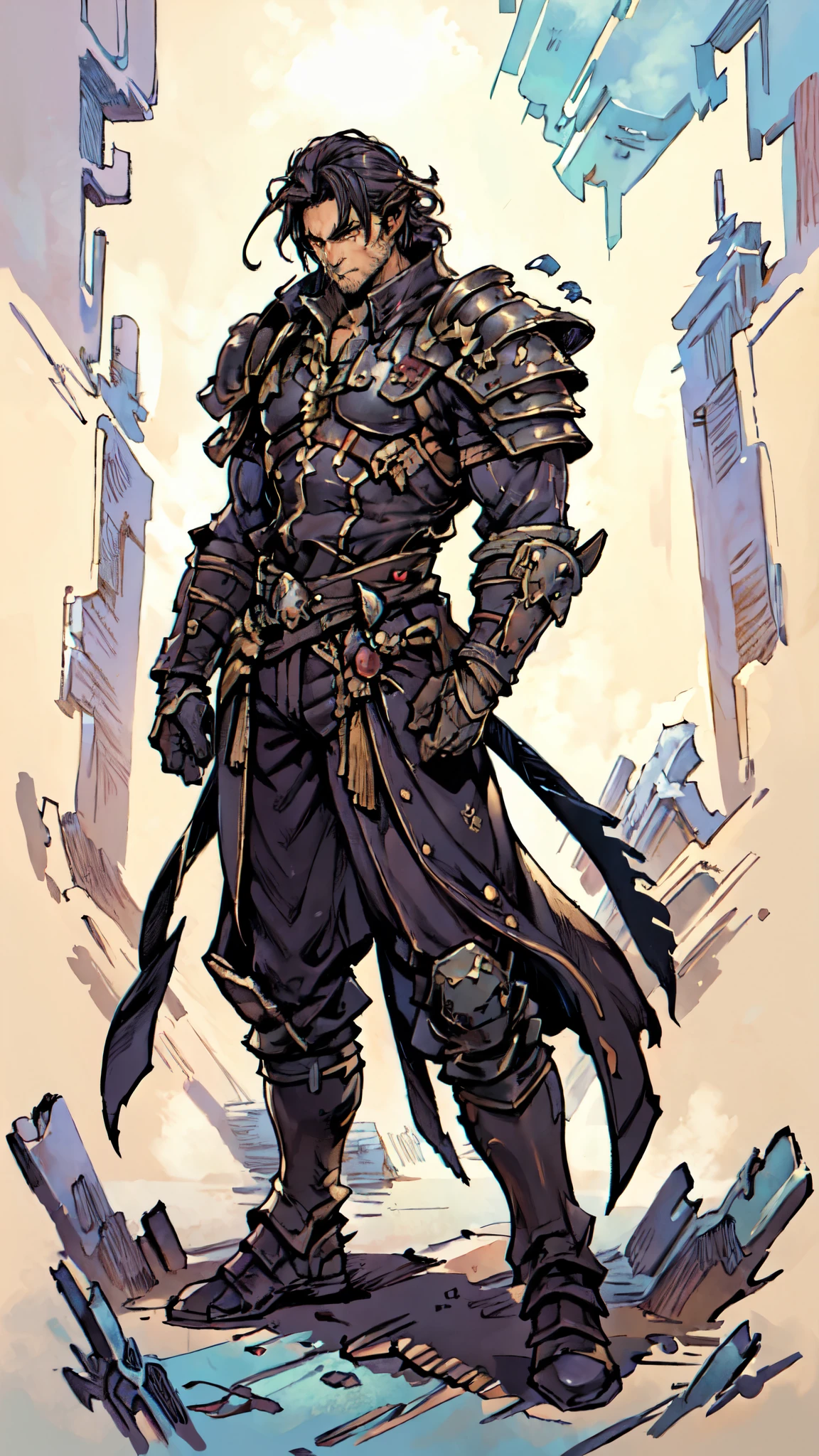 (masterpiece:1.2, best quality:1.2, extremely delicate:1.2), a middle-aged man, wild disheveled long hair streaked in red and black, a rugged and imposing face, a lightning-shaped tattoo on the left side of his face, sharp eyes, a confident smile, a tall and muscular build, a fantasy martial arts-style short-sleeved coat, form-fitting scale armor underneath, a black fur shawl drapes over his shoulders, wrist guards, matching canvas trousers, stands majestically on shattered ground, surrounded by floating debris, this character embodies a finely crafted fantasy martial arts-style overlord in anime style, exquisite and mature manga art style, dramatic, high definition, highres, ultra-detailed, ultra-fine painting, professional, perfect body proportions, golden ratio, anatomically correct, symmetrical face, extremely detailed eyes and face, high quality eyes, creativity, RAW photo, UHD, 32k, Natural light, cinematic lighting, (masterpiece-anatomy-perfect:1.2)
