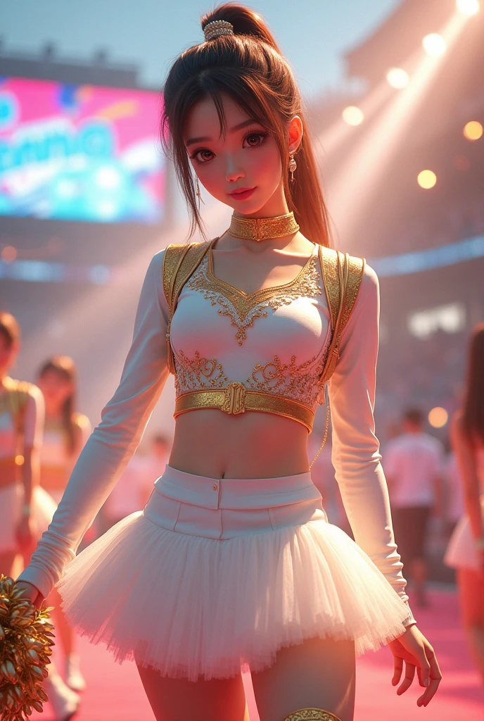 Cheerleader wearing a long-sleeved white cropped top with gold details and a short white tulle skirt with tights and boots. Gold suspenders. earphone. k pop style