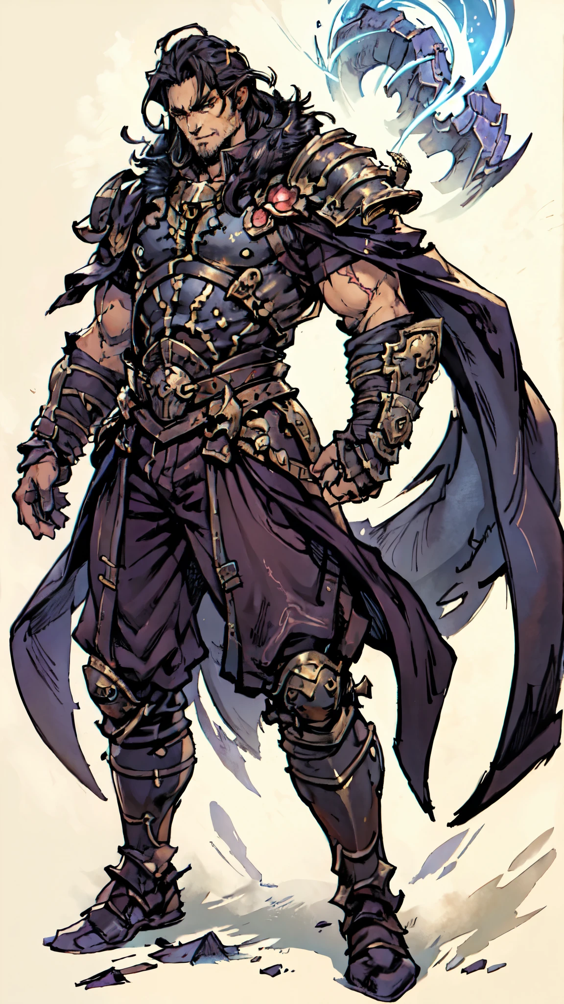 (masterpiece:1.2, best quality:1.2, extremely delicate:1.2), a middle-aged man, wild disheveled long hair streaked in red and black, a rugged and imposing face, a lightning-shaped tattoo on the left side of his face, sharp eyes, a confident smile, a tall and muscular build, a fantasy martial arts-style short-sleeved coat, form-fitting scale armor underneath, a black fur shawl drapes over his shoulders, wrist guards, matching canvas trousers, stands majestically on shattered ground, surrounded by floating debris, this character embodies a finely crafted fantasy martial arts-style overlord in anime style, exquisite and mature manga art style, dramatic, high definition, highres, ultra-detailed, ultra-fine painting, professional, perfect body proportions, golden ratio, anatomically correct, symmetrical face, extremely detailed eyes and face, high quality eyes, creativity, RAW photo, UHD, 32k, Natural light, cinematic lighting, (masterpiece-anatomy-perfect:1.2)