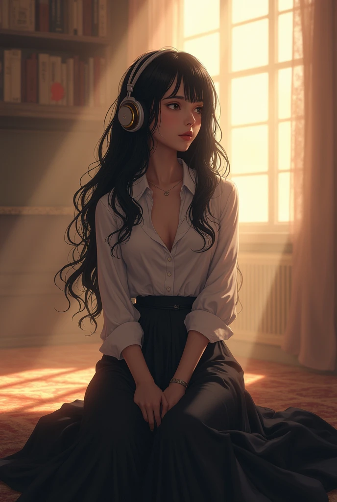young woman sitting in long skirt, formal blouse with no neckline, long wavy black hair, listening to music with headphones, rays of light across the room