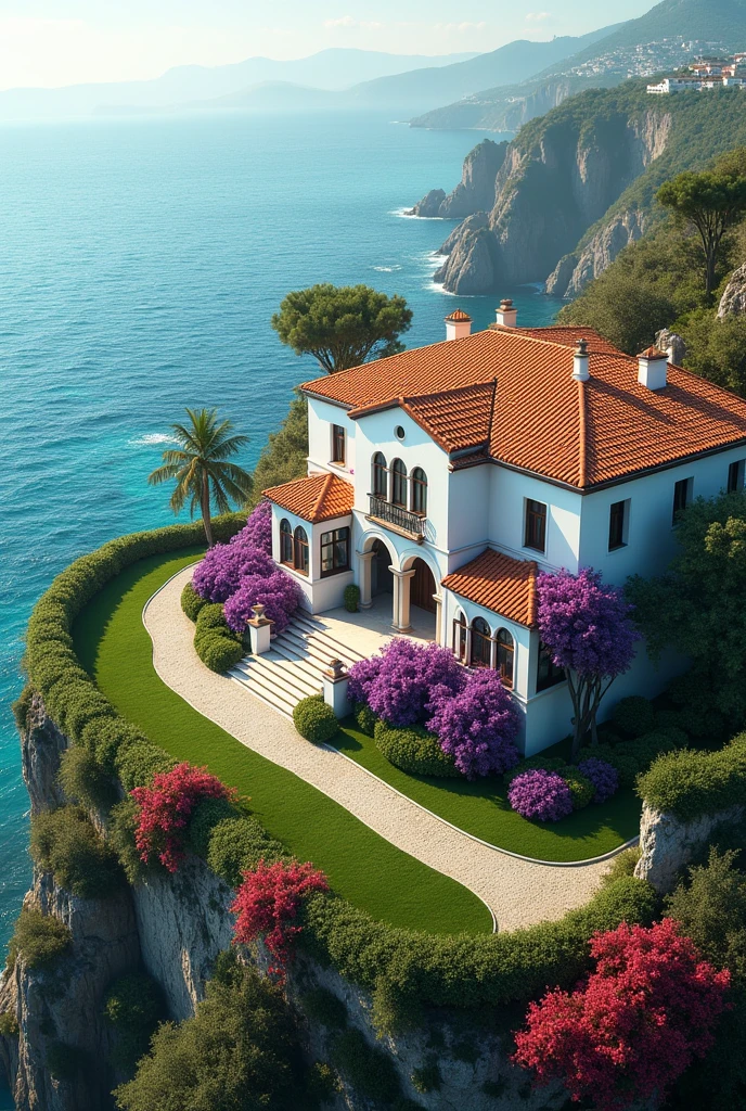 I need an image of a large, rustic, white, one-story mansion with a Mediterranean-style roof on a cliff overlooking the sea, with lush trees and a garden with exotic flowers and a well-trimmed lawn., that it has bougainvillea on the walls and that they are of different colors, that it has colonial doors, colonial windows and arches between its pillars