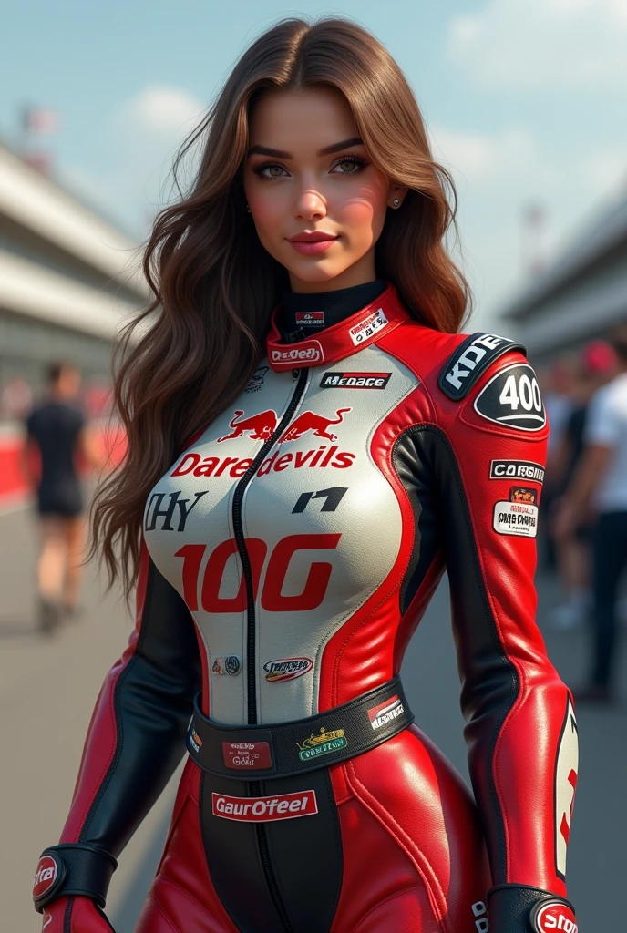 beautiful , 25 year old, American woman, motorcycle racing outfit, Daredevils, realistic, 8k, koda photo, photo realistic, slim body, fit, pelo largo castaño, pechos talla 100, cuerpo entero