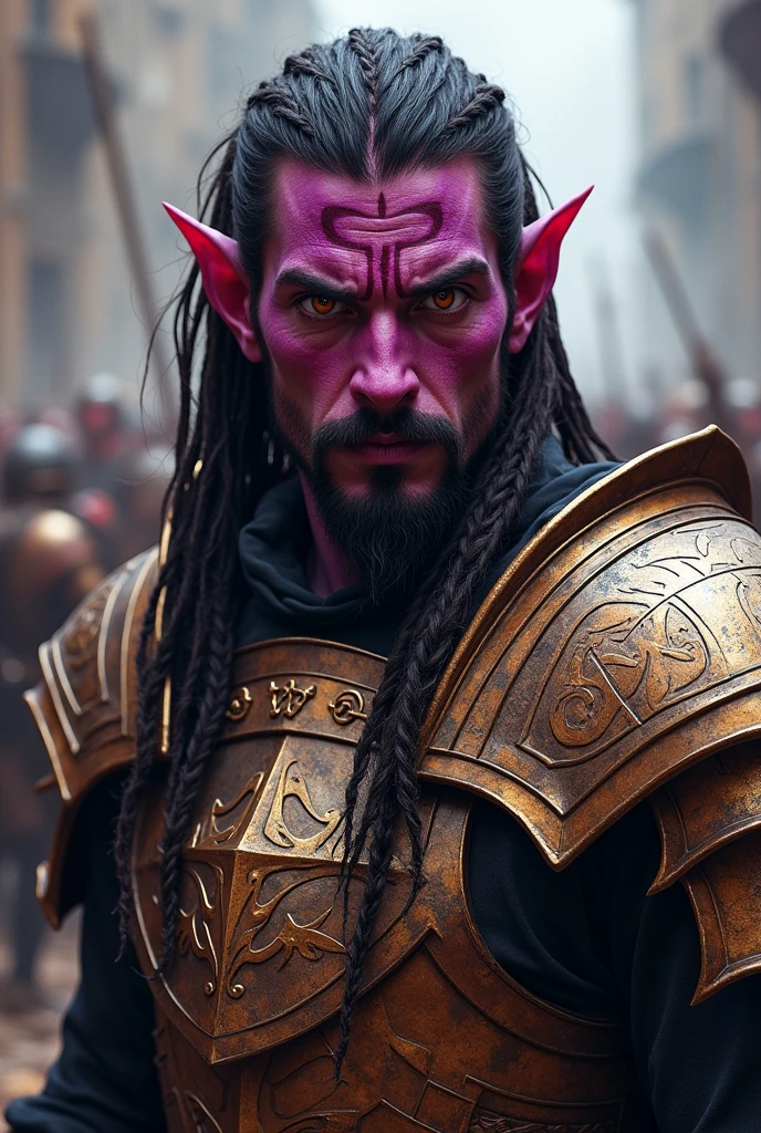 A 25-year-old male tiefling. with brown eyes. Long dark brown hair in braids and a short beard. Magenta-skinned Tom. infernal numbers on the head. Warrior armor made of metal plate.