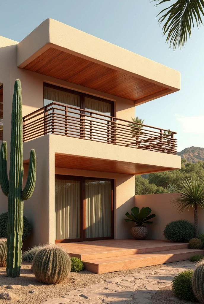 It has images of railings on the second floor of a house with a modern Mediterranean style with cacti with SMALL wooden details.