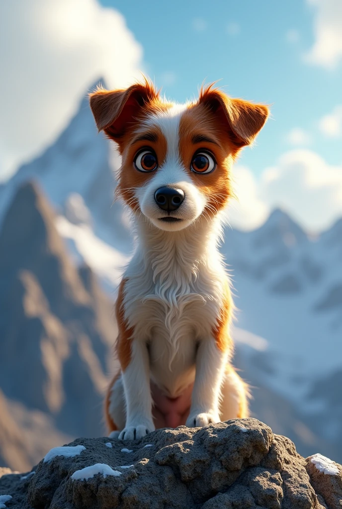 Disney Pixar Style Jack Russell terrier, high qualiy, best qualityer, scruffy, mountains, summit, low angle, close up, bokeh