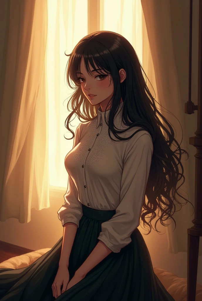 young woman sitting in long skirt, formal blouse with no neckline, long wavy black hair, listening to music with headphones, rays of light across the room 