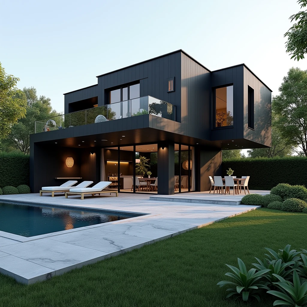 Create me a beautiful villa where it is beautifully black with a beautiful garden and a basketball court and with a pool 