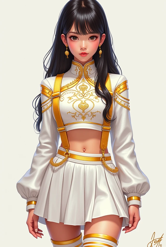 Cheerleader wearing a long-sleeved white cropped top with gold details and a short white tulle skirt with tights and boots. Gold suspenders. earphone. Full body K-pop style art