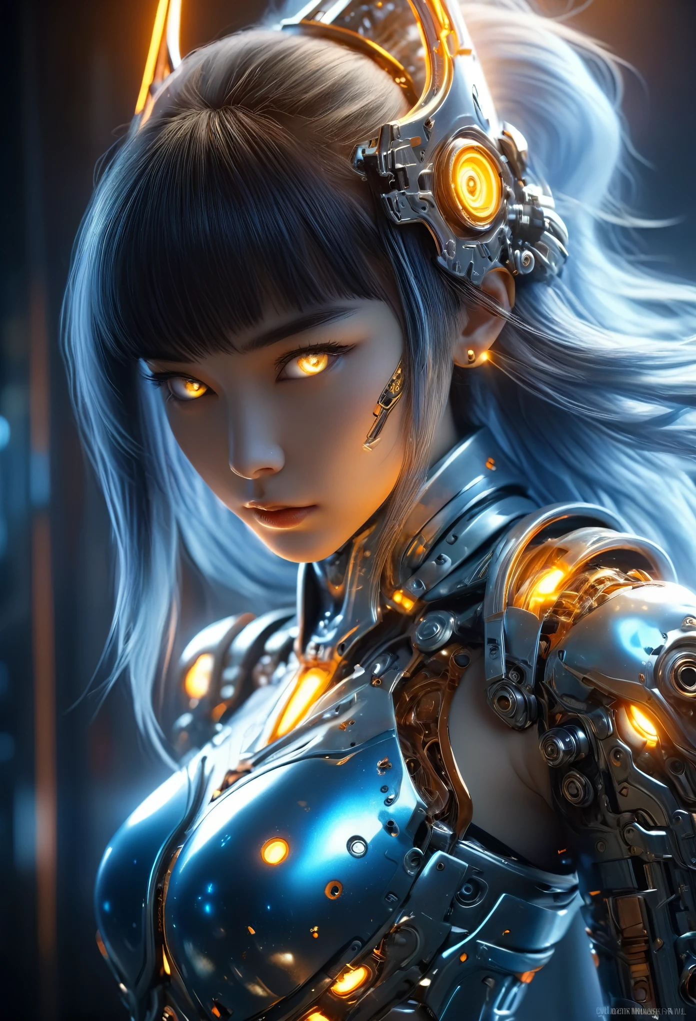 (Best Quality, 4K, 8K, High Resolution, Masterpiece: 1.2), (Super Detailed, Realistic, Photorealistic:1.37), A woman in futuristic clothing, Trending on cgstation, Trending on cgstation, (Portrait of a girl in the Knights of the Zodiac:1.4), blunt bangs, Cute Cyborg Girl, Perfect android girl, Portrait Astronaut Girl, Beautiful girl cyborg, (Girl wearing iridescent mechanical cyber armor:1.3), Game CG, cgsociety and fenghua zhong, Beautiful Cyborg Shrine Maiden, Bioluminescence, (Yua Yaiba:0.5), (Golden eyes:1.5), Anatomically correct grip, (Sharp and long claws:1.4), erotic and sexy, black and blue, blue and orange 