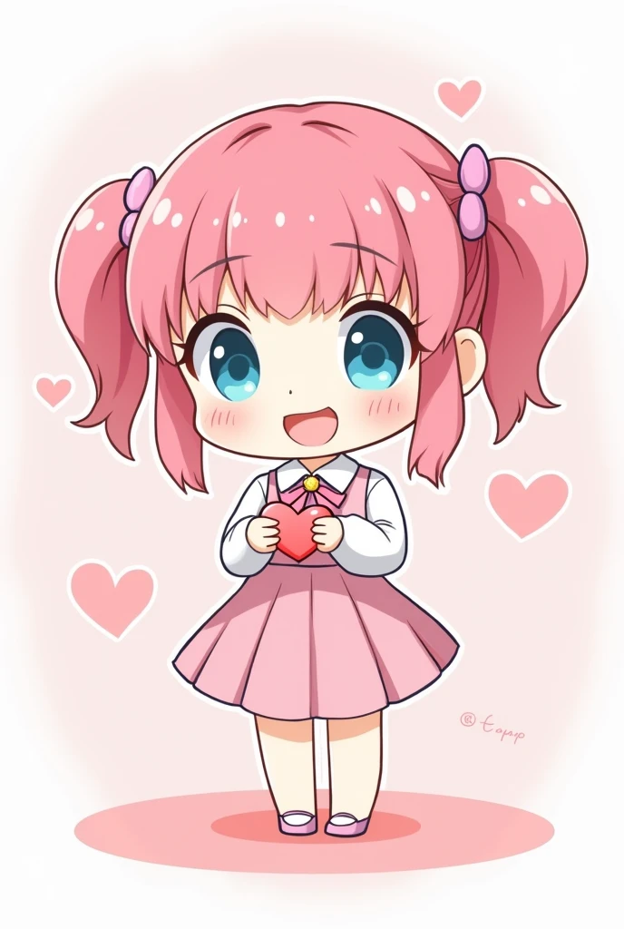 cartoon girl with pink hair and pink bow holding a heart, change, twintail pink hair and cyan eyes, , smile, flat anime style shading, chibi, cute anime face, in dress, kawaii anime manga style, this, ( ( Pink)), in anime style