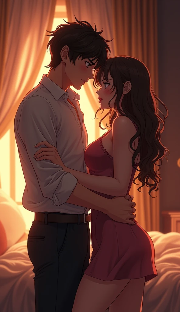 Create an anime-style image of a 21-year-old boy and girl in a dimly lit, intimate room. The boy has a flirty, seductive expression, his eyes filled with desire, as he pulls the girl close with a firm grip around her waist. The girl, blushing deeply, holds onto her slightly disheveled outfit, her expression a mix of nervousness and attraction. The room is bathed in a warm, golden light that accentuates the tension and chemistry between them, with soft, luxurious fabrics like silk sheets and velvet curtains enhancing the sensual, intimate atmosphere. The overall vibe should be charged with desire, reflecting the boy's intent and the girl's hesitant, yet intrigued response.