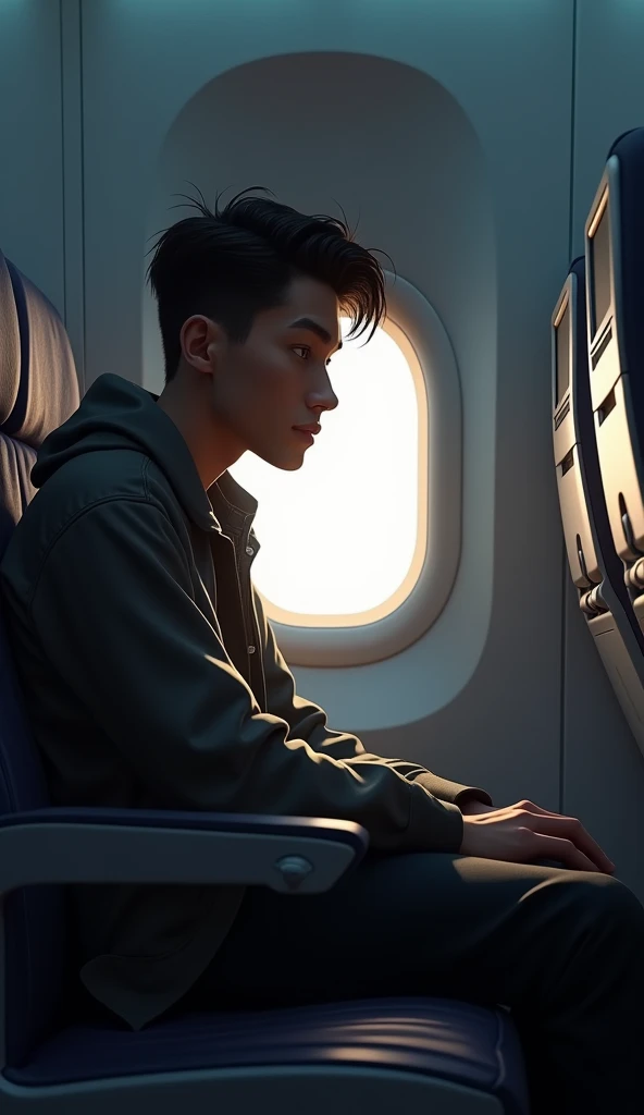 A sad  young man on an airplane , portrait, 3d , pixar style,  cinematic, masterpiece, realistic 